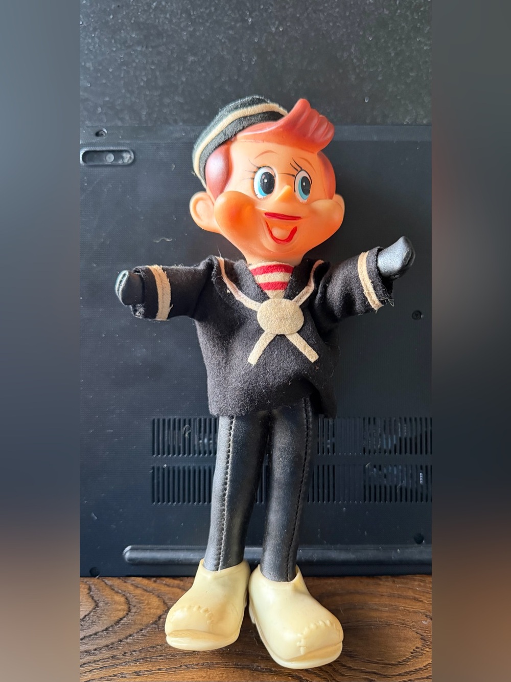 Vintage Sailor Plush Doll in Black and Orange - Classic Nautical Toy